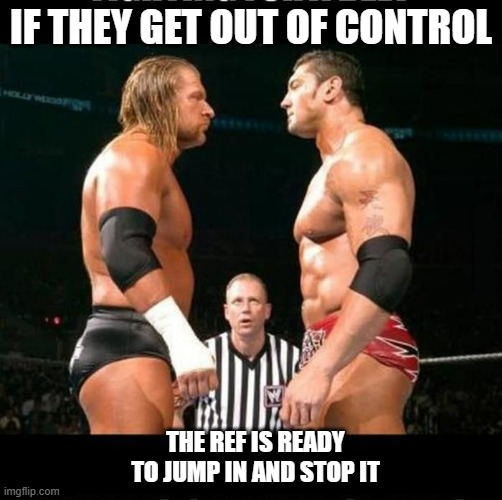 meme by Brad - WWE wrestler ready to rumble | IF THEY GET OUT OF CONTROL; THE REF IS READY TO JUMP IN AND STOP IT | image tagged in sports,funny,wwe,pro wrestling,funny meme,humor | made w/ Imgflip meme maker