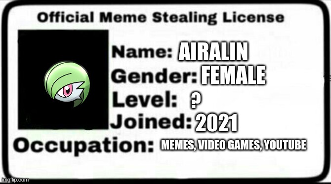 Meme Stealing License | AIRALIN FEMALE ? 2021 MEMES, VIDEO GAMES, YOUTUBE | image tagged in meme stealing license | made w/ Imgflip meme maker