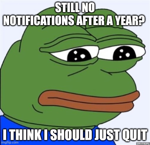No notifications ? | STILL NO NOTIFICATIONS AFTER A YEAR? I THINK I SHOULD JUST QUIT | image tagged in sad frog | made w/ Imgflip meme maker