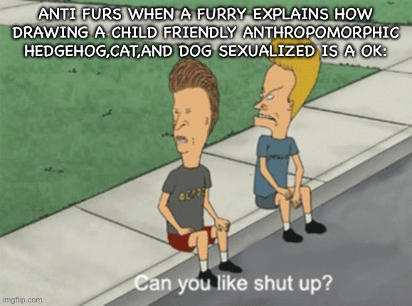 Can You Like Shut Up? | ANTI FURS WHEN A FURRY EXPLAINS HOW DRAWING A CHILD FRIENDLY ANTHROPOMORPHIC HEDGEHOG,CAT,AND DOG SEXUALIZED IS A OK: | image tagged in can you like shut up | made w/ Imgflip meme maker