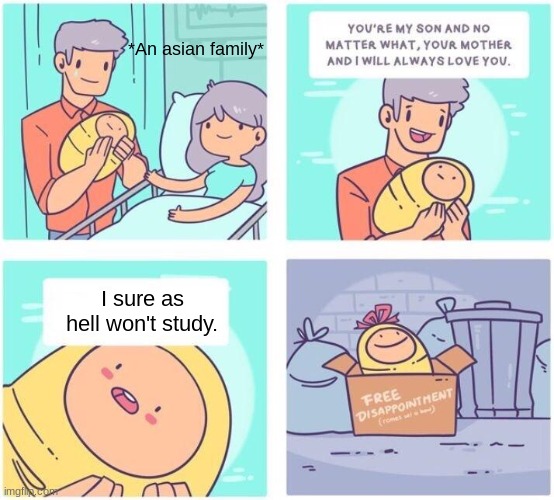 Better than studying... I guess. | *An asian family*; I sure as hell won't study. | image tagged in free disappointment | made w/ Imgflip meme maker