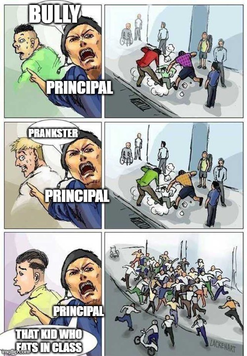 Thief Murderer | BULLY; PRINCIPAL; PRANKSTER; PRINCIPAL; PRINCIPAL; THAT KID WHO EATS IN CLASS | image tagged in thief murderer | made w/ Imgflip meme maker