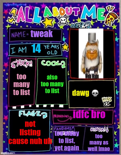 All about me! (Og temp by Jade) | tweak; 14; also too many to list; too many to list; dawg 💀; idfc bro; not listing cause nuh uh; too many to list, yet again; too many as well lmao | image tagged in all about me og temp by jade | made w/ Imgflip meme maker