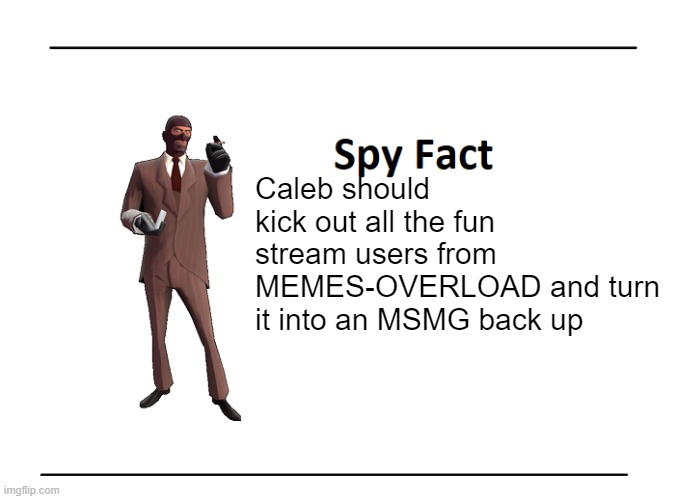Spy Fact | Caleb should  kick out all the fun stream users from MEMES-OVERLOAD and turn it into an MSMG back up | image tagged in spy fact | made w/ Imgflip meme maker