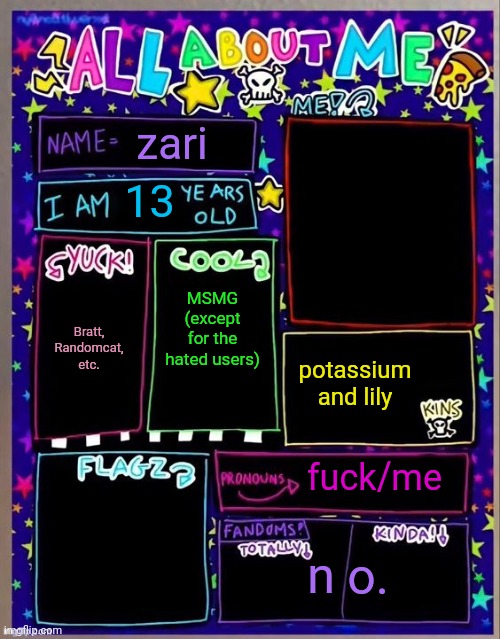 All about me! (Og temp by Jade) | zari; 13; MSMG (except for the hated users); Bratt, Randomcat, etc. potassium and lily; fuck/me; n; o. | image tagged in all about me og temp by jade | made w/ Imgflip meme maker