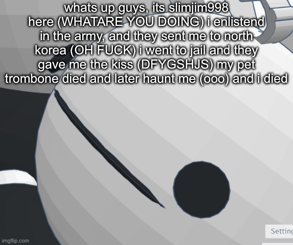 whats up guys, its slimjim998 here (WHATARE YOU DOING) i enlistend in the army, and they sent me to north korea (OH FUCK) i went to jail and they gave me the kiss (DFYGSHJS) my pet trombone died and later haunt me (ooo) and i died | made w/ Imgflip meme maker