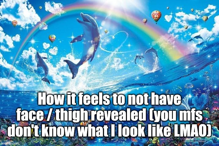 Happy dolphin rainbow | How it feels to not have face / thigh revealed (you mfs don't know what I look like LMAO) | image tagged in happy dolphin rainbow | made w/ Imgflip meme maker