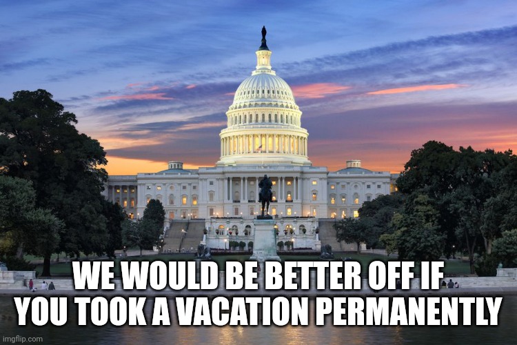 Washington DC swamp | WE WOULD BE BETTER OFF IF YOU TOOK A VACATION PERMANENTLY | image tagged in washington dc swamp | made w/ Imgflip meme maker