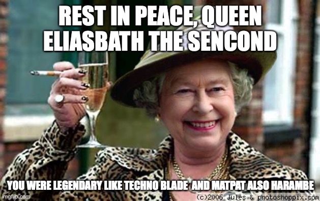 Queen Elizabeth | REST IN PEACE, QUEEN ELIASBATH THE SENCOND YOU WERE LEGENDARY LIKE TECHNO BLADE  AND MATPAT ALSO HARAMBE | image tagged in queen elizabeth | made w/ Imgflip meme maker