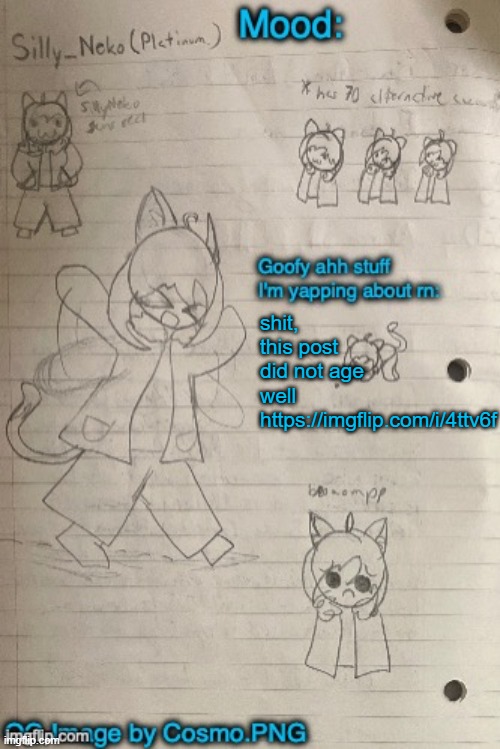 Neko announcement template (Thx Cosmo) | shit, this post did not age well https://imgflip.com/i/4ttv6f | image tagged in neko announcement template thx cosmo | made w/ Imgflip meme maker