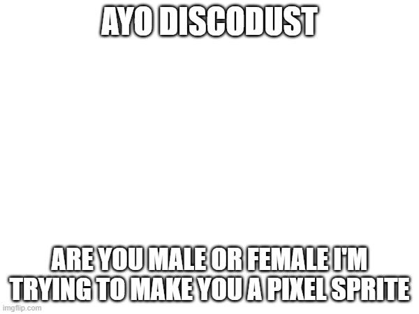 i lack a brain cut me some slack here | AYO DISCODUST; ARE YOU MALE OR FEMALE I'M TRYING TO MAKE YOU A PIXEL SPRITE | image tagged in e | made w/ Imgflip meme maker