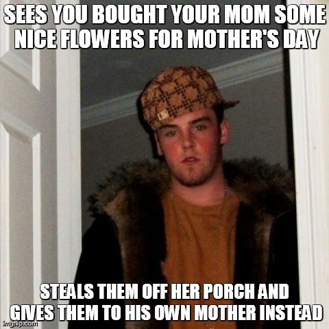 Scumbag Steve Meme | SEES YOU BOUGHT YOUR MOM SOME NICE FLOWERS FOR MOTHER'S DAY STEALS THEM OFF HER PORCH AND GIVES THEM TO HIS OWN MOTHER INSTEAD | image tagged in memes,scumbag steve,AdviceAnimals | made w/ Imgflip meme maker