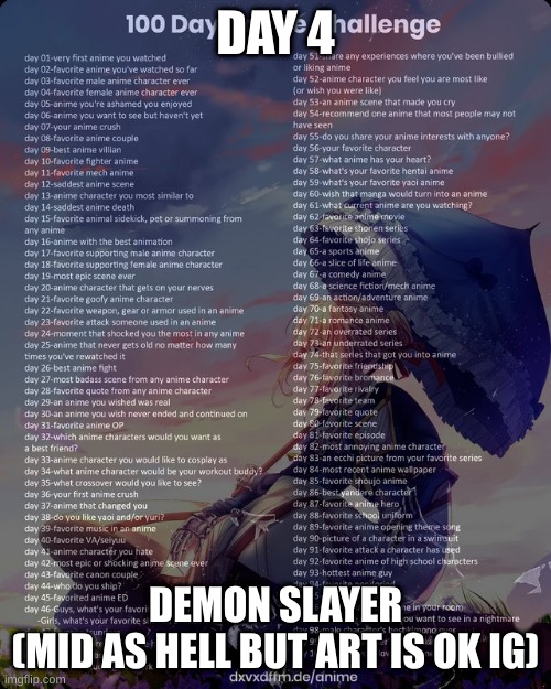 don't hate me for it its my opinion | DAY 4; DEMON SLAYER
(MID AS HELL BUT ART IS OK IG) | image tagged in 100 day anime challenge | made w/ Imgflip meme maker