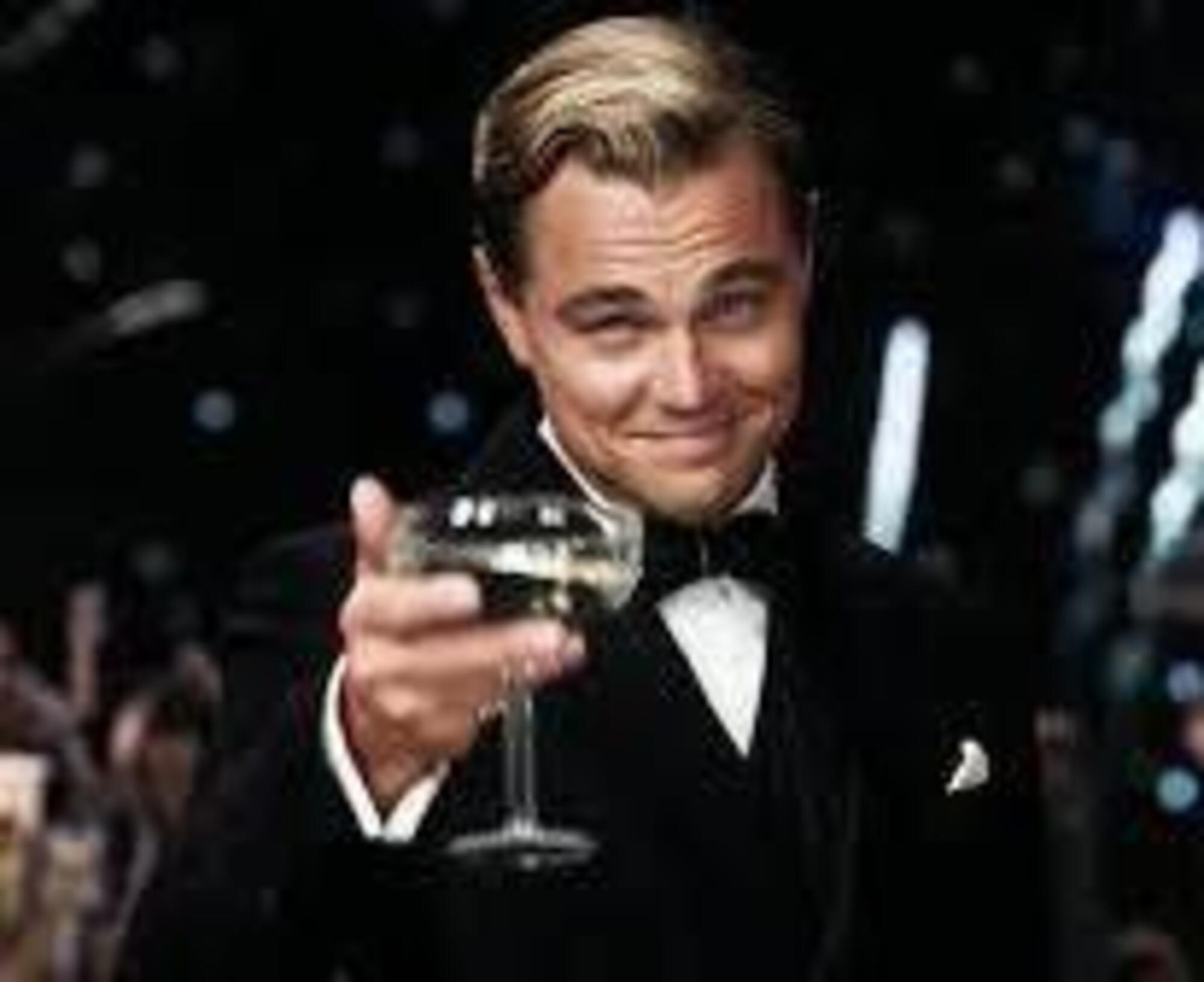 High Quality Leonardo di Caprio cheers full medium shot Blank Meme Template