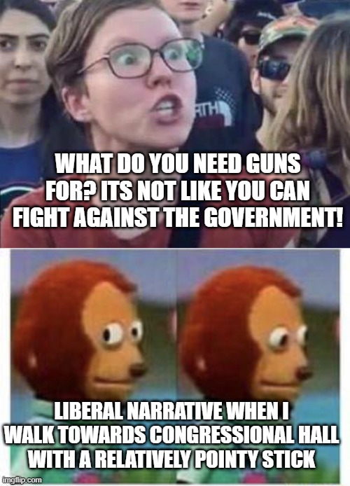WHAT DO YOU NEED GUNS FOR? ITS NOT LIKE YOU CAN FIGHT AGAINST THE GOVERNMENT! LIBERAL NARRATIVE WHEN I WALK TOWARDS CONGRESSIONAL HALL WITH A RELATIVELY POINTY STICK | image tagged in angry liberal,side eye teddy | made w/ Imgflip meme maker