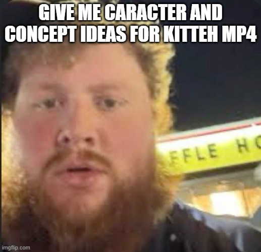 caseoh waffle house | GIVE ME CARACTER AND CONCEPT IDEAS FOR KITTEH MP4 | image tagged in caseoh waffle house | made w/ Imgflip meme maker