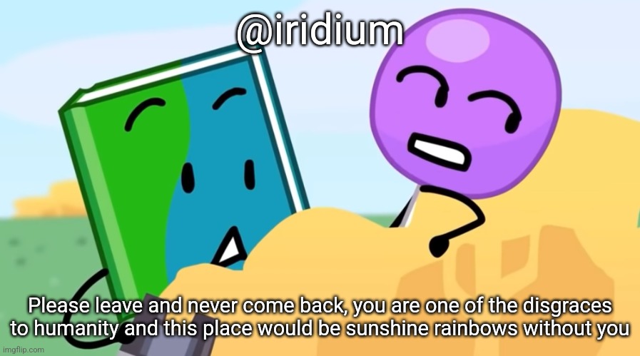 you exhaust me :/ | @iridium; Please leave and never come back, you are one of the disgraces to humanity and this place would be sunshine rainbows without you | image tagged in you exhaust me / | made w/ Imgflip meme maker