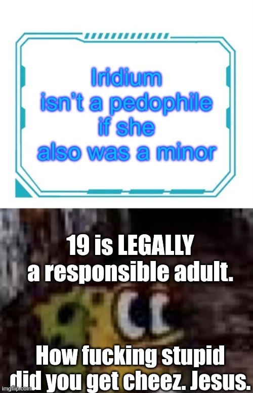 19 is LEGALLY a responsible adult. How fucking stupid did you get cheez. Jesus. | image tagged in spunch bop trauma | made w/ Imgflip meme maker