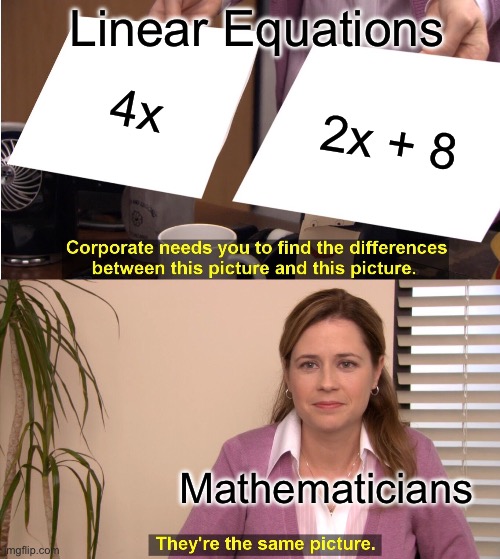e | Linear Equations; 4x; 2x + 8; Mathematicians | image tagged in memes,they're the same picture | made w/ Imgflip meme maker
