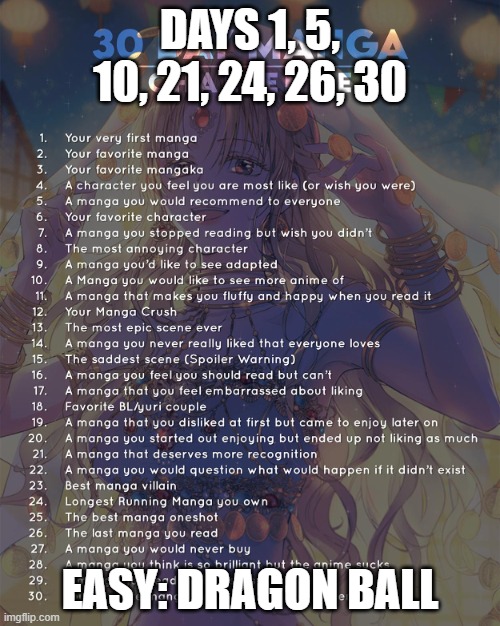 Thats to easy | DAYS 1, 5, 10, 21, 24, 26, 30; EASY: DRAGON BALL | image tagged in 30 day manga challenge | made w/ Imgflip meme maker