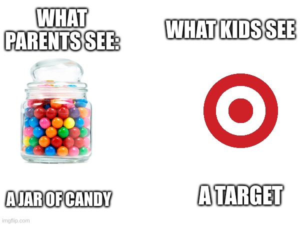 Comparison Kids vs Parents | WHAT PARENTS SEE:; WHAT KIDS SEE; A JAR OF CANDY; A TARGET | image tagged in comparison | made w/ Imgflip meme maker