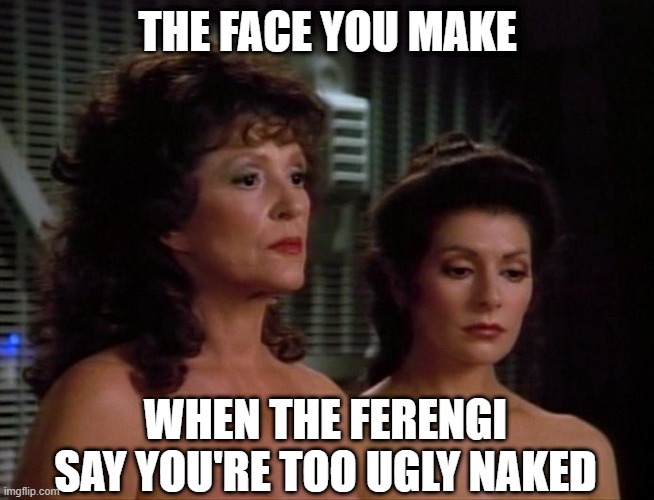 Clothes Back on HUMAN Females | THE FACE YOU MAKE; WHEN THE FERENGI SAY YOU'RE TOO UGLY NAKED | image tagged in lwaxana and deanna troi naked | made w/ Imgflip meme maker