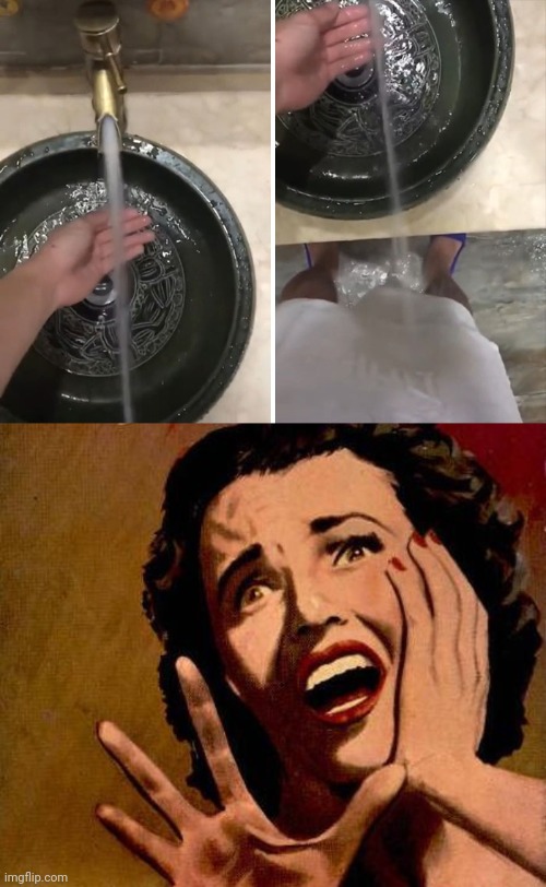 Hand wash fail | image tagged in lady screaming,water,fountain,memes,you had one job,wash | made w/ Imgflip meme maker