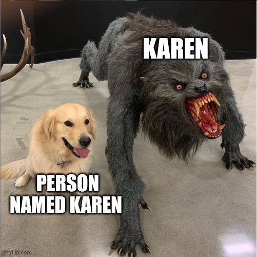 dog vs werewolf | KAREN; PERSON NAMED KAREN | image tagged in dog vs werewolf | made w/ Imgflip meme maker