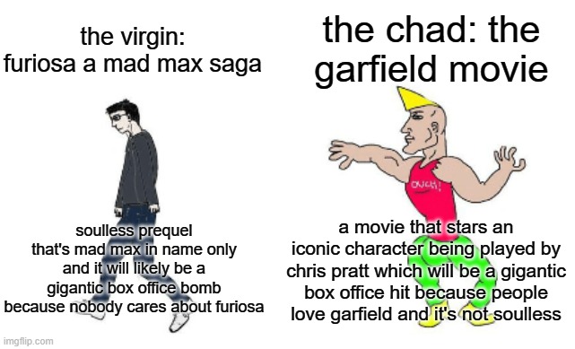 furiosa is the virgin and garfield is the chad | the chad: the garfield movie; the virgin: furiosa a mad max saga; a movie that stars an iconic character being played by chris pratt which will be a gigantic box office hit because people love garfield and it's not soulless; soulless prequel that's mad max in name only and it will likely be a gigantic box office bomb because nobody cares about furiosa | image tagged in virgin vs chad,garfield,prediction | made w/ Imgflip meme maker
