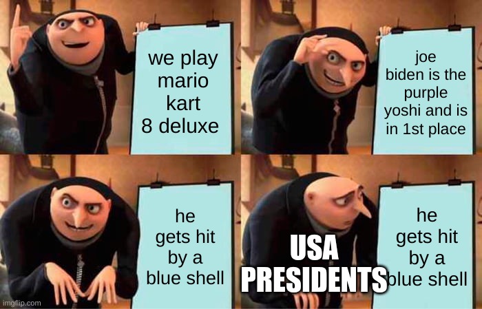 No wonder Joe Biden is bad at Mario kart 8 deluxe | we play mario kart 8 deluxe; joe biden is the purple yoshi and is in 1st place; he gets hit by a blue shell; he gets hit by a blue shell; USA PRESIDENTS | image tagged in memes,gru's plan | made w/ Imgflip meme maker