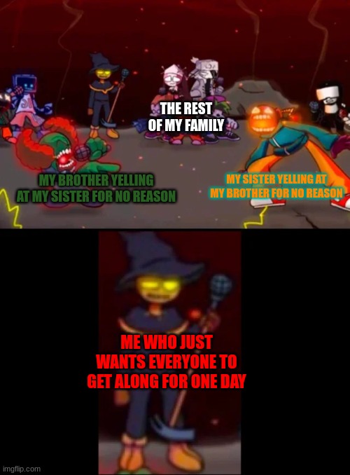 this is my family every day | THE REST OF MY FAMILY; MY SISTER YELLING AT MY BROTHER FOR NO REASON; MY BROTHER YELLING AT MY SISTER FOR NO REASON; ME WHO JUST WANTS EVERYONE TO GET ALONG FOR ONE DAY | image tagged in zardy's pure dissapointment | made w/ Imgflip meme maker