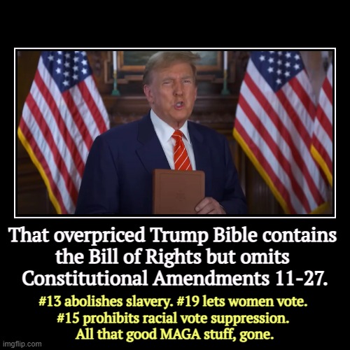 That overpriced Trump Bible contains 
the Bill of Rights but omits 
Constitutional Amendments 11-27. | #13 abolishes slavery. #19 lets women | image tagged in funny,demotivationals,trump,bible,maga,amnesia | made w/ Imgflip demotivational maker