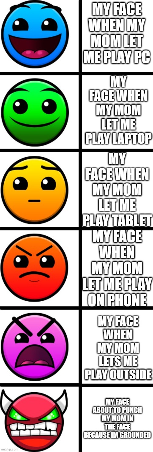 geometry dash difficulty faces | MY FACE WHEN MY MOM LET ME PLAY LAPTOP; MY FACE WHEN MY MOM LET ME PLAY PC; MY FACE WHEN MY MOM LET ME PLAY TABLET; MY FACE WHEN MY MOM LET ME PLAY ON PHONE; MY FACE WHEN MY MOM LETS ME PLAY OUTSIDE; MY FACE ABOUT TO PUNCH MY MOM IN THE FACE BECAUSE IM GROUNDED | image tagged in geometry dash difficulty faces | made w/ Imgflip meme maker