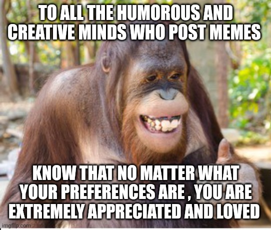meme creators | TO ALL THE HUMOROUS AND CREATIVE MINDS WHO POST MEMES; KNOW THAT NO MATTER WHAT YOUR PREFERENCES ARE , YOU ARE EXTREMELY APPRECIATED AND LOVED | image tagged in memes | made w/ Imgflip meme maker