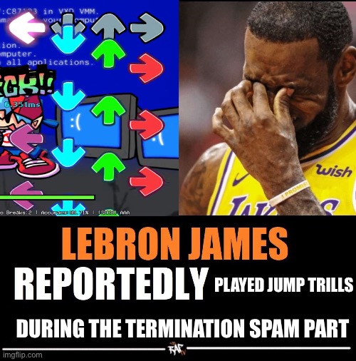 lebron james reportedly | PLAYED JUMP TRILLS; DURING THE TERMINATION SPAM PART | image tagged in lebron james reportedly | made w/ Imgflip meme maker
