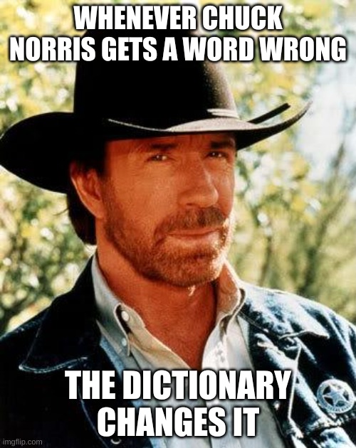 Chuck Norris | WHENEVER CHUCK NORRIS GETS A WORD WRONG; THE DICTIONARY CHANGES IT | image tagged in memes,chuck norris | made w/ Imgflip meme maker