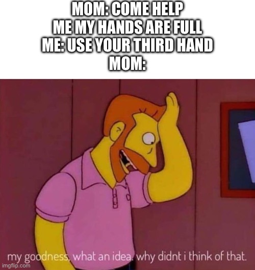 Smert | MOM: COME HELP ME MY HANDS ARE FULL
ME: USE YOUR THIRD HAND
MOM: | image tagged in my goodness what an idea why didn't i think of that,memes,funny,smart,infinite iq,why are you reading the tags | made w/ Imgflip meme maker