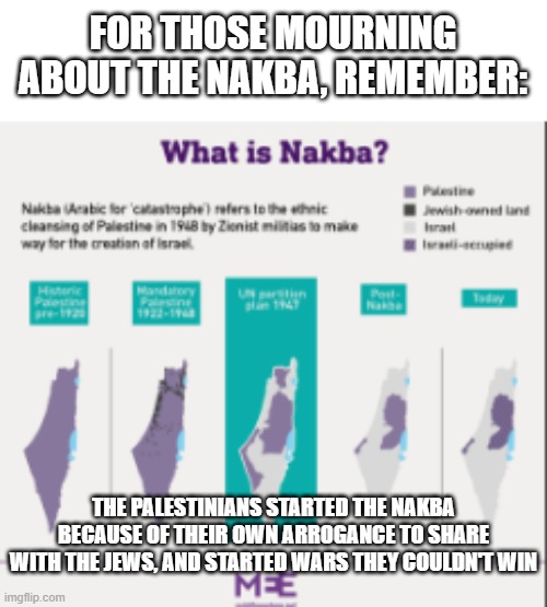 Palestinians have no one to blame for the Nakba but themselves | FOR THOSE MOURNING ABOUT THE NAKBA, REMEMBER:; THE PALESTINIANS STARTED THE NAKBA BECAUSE OF THEIR OWN ARROGANCE TO SHARE WITH THE JEWS, AND STARTED WARS THEY COULDN'T WIN | image tagged in israel,palestine,war | made w/ Imgflip meme maker