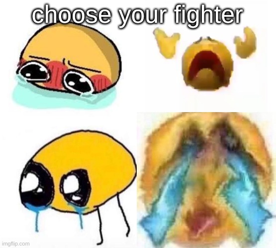 choose your fighter | choose your fighter | image tagged in cursed crying emoji | made w/ Imgflip meme maker