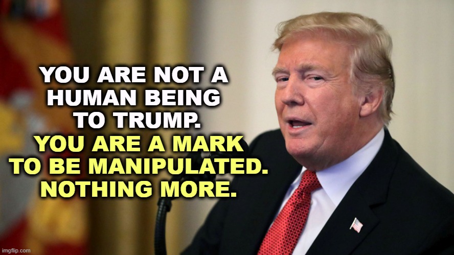 Trump con man side eye | YOU ARE NOT A 
HUMAN BEING 
TO TRUMP. YOU ARE A MARK TO BE MANIPULATED. NOTHING MORE. | image tagged in trump con man side eye,trump,con man,victim | made w/ Imgflip meme maker