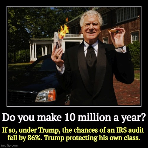 The deficit went up 40% under Trump the first time. God knows what he'll do this time (and blame it wrongly on Biden). | Do you make 10 million a year? | If so, under Trump, the chances of an IRS audit 
fell by 86%. Trump protecting his own class. | image tagged in funny,demotivationals,billionaire,tax cuts for the rich,trump | made w/ Imgflip demotivational maker