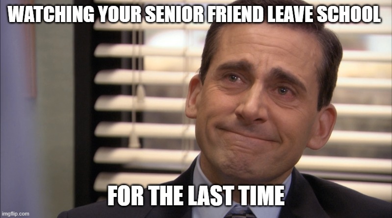 Michael Scott sad with smile | WATCHING YOUR SENIOR FRIEND LEAVE SCHOOL; FOR THE LAST TIME | image tagged in michael scott sad with smile | made w/ Imgflip meme maker