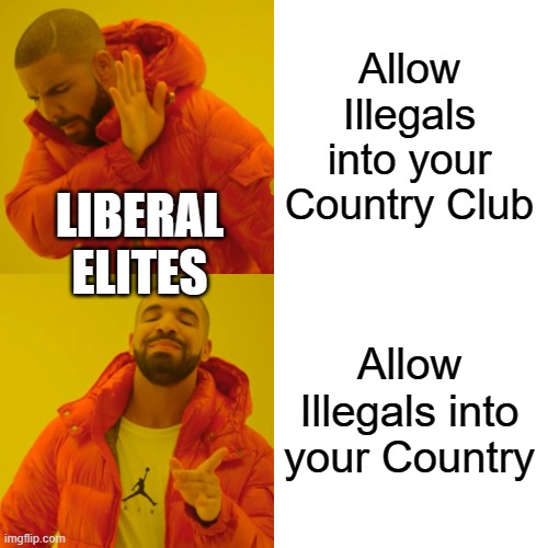 Drake Hotline Bling Meme | Allow Illegals into your Country Club; LIBERAL ELITES; Allow Illegals into your Country | image tagged in memes,drake hotline bling | made w/ Imgflip meme maker