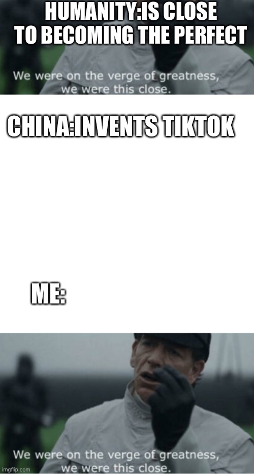 HUMANITY:IS CLOSE TO BECOMING THE PERFECT; CHINA:INVENTS TIKTOK; ME: | image tagged in we were on the verge of greatness | made w/ Imgflip meme maker