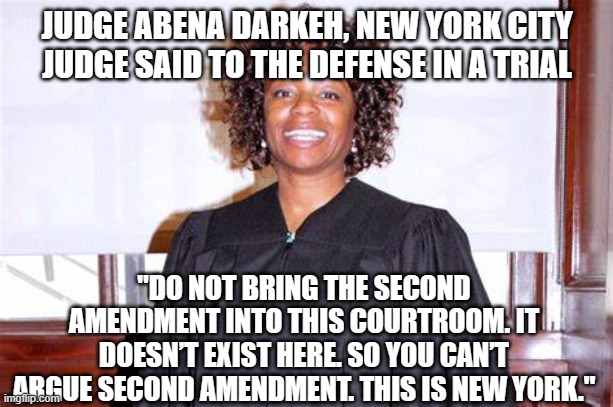 The constitution? What's that? | JUDGE ABENA DARKEH, NEW YORK CITY JUDGE SAID TO THE DEFENSE IN A TRIAL; "DO NOT BRING THE SECOND AMENDMENT INTO THIS COURTROOM. IT DOESN’T EXIST HERE. SO YOU CAN’T ARGUE SECOND AMENDMENT. THIS IS NEW YORK." | image tagged in judge | made w/ Imgflip meme maker