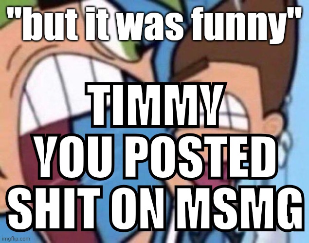 Cosmo yelling at timmy | "but it was funny"; TIMMY YOU POSTED SHIT ON MSMG | image tagged in cosmo yelling at timmy | made w/ Imgflip meme maker