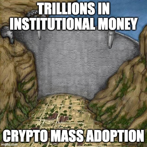 Water Dam Meme | TRILLIONS IN INSTITUTIONAL MONEY; CRYPTO MASS ADOPTION | image tagged in water dam meme | made w/ Imgflip meme maker