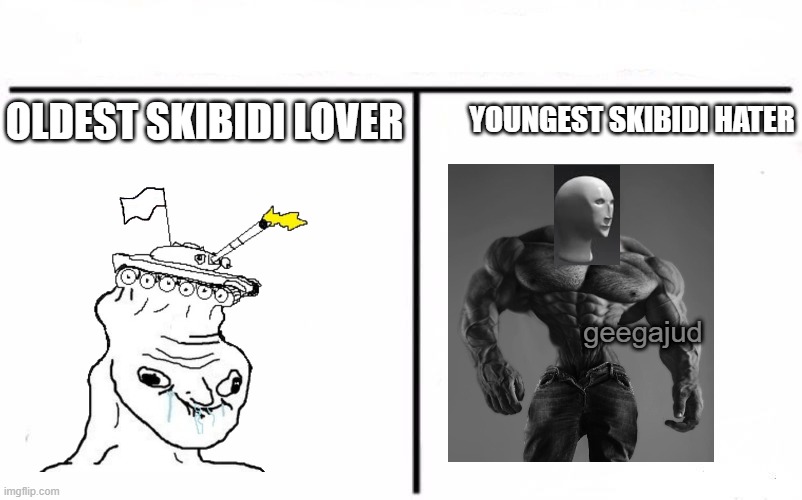 Who Would Win Blank | YOUNGEST SKIBIDI HATER; OLDEST SKIBIDI LOVER; geegajud | image tagged in who would win blank | made w/ Imgflip meme maker