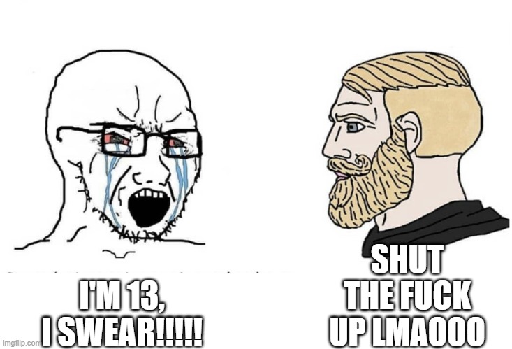 Soyboy Vs Yes Chad | I'M 13, I SWEAR!!!!! SHUT THE FUCK UP LMAOOO | image tagged in soyboy vs yes chad | made w/ Imgflip meme maker