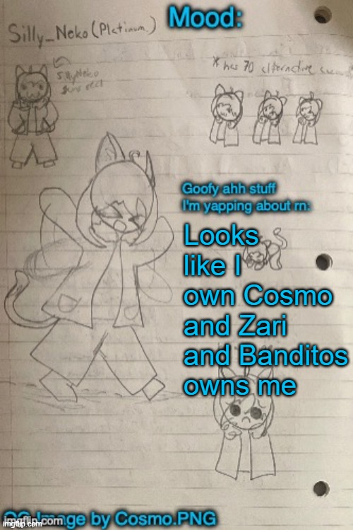 Neko announcement template (Thx Cosmo) | Looks like I own Cosmo and Zari and Banditos owns me | image tagged in neko announcement template thx cosmo | made w/ Imgflip meme maker
